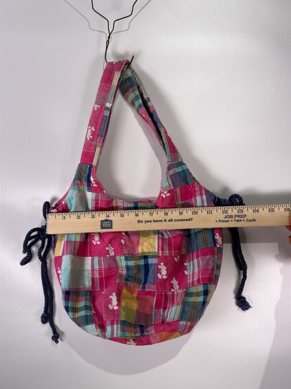 Disney Parks Hobo Bag Mickey Mouse Rope Cinch Plaid Patchwork Pink Multi OS - Picture 10 of 13